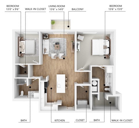 Floor plan for 2 beds, 2 baths, 1210 sqft
